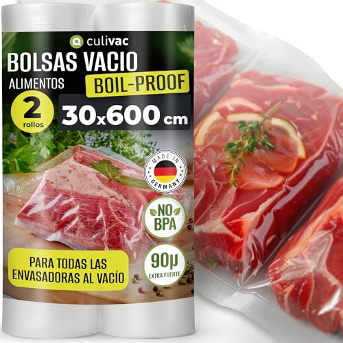 culivac Vakuumierfolienrollen Boilproof 2 Rollen 30x600cm, Kochfest 100°C | Vakuumierrollen für Sous-Vide bei Boher Temperatur, Zuschneidbar, BPA-Frei, Dicht, 6× Längere Frische, Made in Germany