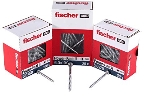 fischer 670532 FPF Power-Fast II 6.0 x 60 mm Chipboard Wood Screws, Pan Head with Inner Star TX, Fully Threaded, Galvanised Blue Passivated, Box of 50