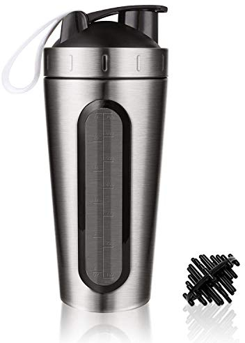 FSYEU Eiweiß Shaker, Protein Shaker Edelstahl Flasche Fitness Becher, Fitness Mixer Bottle Auslaufsicher BPA Frei, Sport Wasserflasche mit Shaker Ball, für Gym Nutrition Fitness, 750ml (Silber)