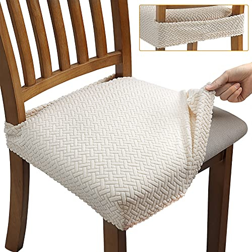 Fuloon Stretch Stuhlbezug Sitzfläche, Jacquard Stuhl Sitzbezüge für Esszimmer, Abnehmbare Waschbar Hussen für Stühle Stuhl Sitz Protector Slipcover (Beige, 4)