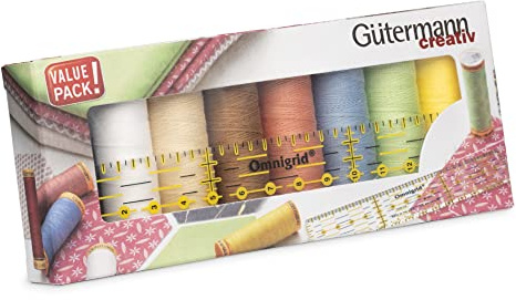 Gütermann creativ set de fils à coudre contenant 8 bobines Coton C Ne 50 100 m dans plusieurs coloris + une Omnnigrid® règle universelle 3 x 15 cm