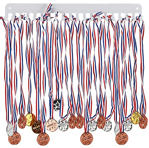 CREATCABIN Medaillenaufhänger,Medaillenhalter,Rack,Sport,Metall,Aufhängen,Sportler-Auszeichnungen,Eisen-Wandhalterung,Dekor Mit 20Haken Für,Medaillen,Silber,40x15cm