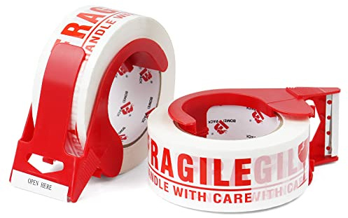 BOMEI PACK Fragile Tape 2 Inch x 330 Feet (110 Yards) 2 Rolls, Fragiles Tape Handle with Care for Shipping with Dispenser, Heavy Duty Marking Tape for Moving Box