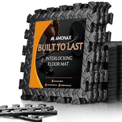 Amonax Gym Flooring Mats, Eva Foam Exercise Mat, 60cm X 60cm Large Interlocking Floor Mats, Thick Heavy Duty Garage Floor Tiles Exercise Equipment Mat, Puzzle Floor Mats (Black I 4 Tiles (16 Sq Ft))