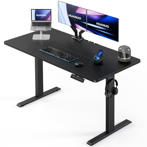 HUANUO Electric Standing Desk, 55 x 24 Height Adjustable Desk, 4 Memory Height Settings, Sit to Stand Up Desk for Home Office, with Headphone Hook, Cable Manager, Black
