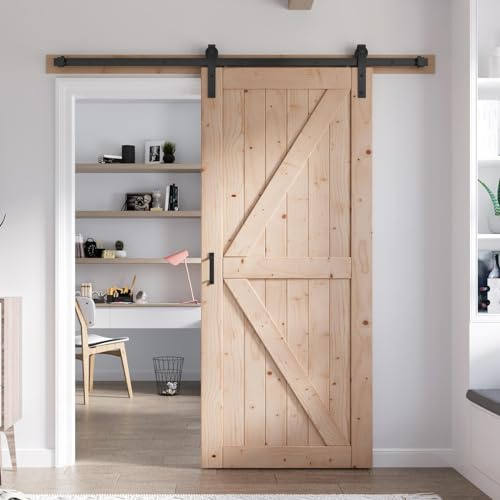 FREDBECK 34in x 84in Sliding Barn Door with 6FT Barn Door Hardware Kit Included Wood K Shape Solid Spruce Panel Need to Assembly