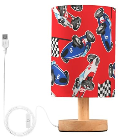 SPRIPORT Red White Blue Racing Cars Bedside Table Lamp for Bedroom Nightstand Lamp with Wood Base & Round Flaxen Fabric Shade Desk Reading Lamp for Reading Working Living Room Dorm Home Office