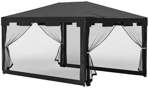 Outsunny Gazebo 4x3 m con Zanzariera e 2 Ingressi, Gazebo da Giardino in Metallo e PE, Grigio Scuro