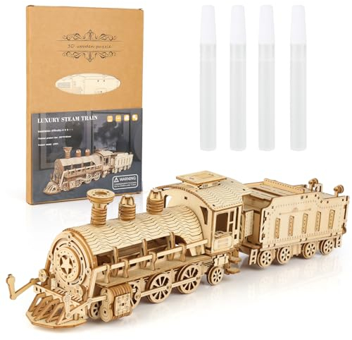 XIEJ 3D Puzzle Holz Dampflokomotive Für Erwachsene, Kinder DIY Holzpuzzle Modelleisenbahn Modellbausatz, Holzteilenbare Zug Puzzle Kit, Geeignet für Jugendliche und Erwachsene