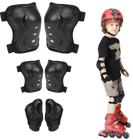 Kids Knee Pads Elbow Pad Wrist Guards Protective Gear Set,6pcs Kids Sports Protective Gear Set for Skateboard, Roller Skating, Biking, And Outdoor Multi-Sports,Black