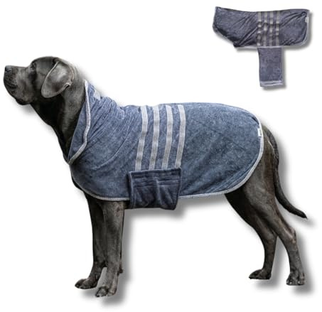 SNIFFLS Hundebademantel XL für große Hunde - schnelltrocknende Mikrofaser - maschinenwaschbar 40°C - Bademantel Hund mit verstellbarem Bauchgurt - in Europa produziert - Grau