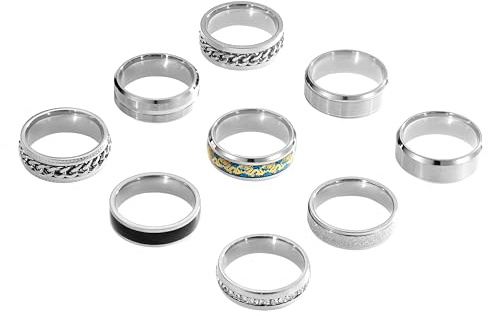 SOXEMAN 9-teiliges Hochzeitsring-Set für Damen und Herren, 2 rotierende Kettenringe, Edelstahl, Breiten 6mm & 8mm (US-Größen) | Silber | US-Größe 12 (67,2 mm)