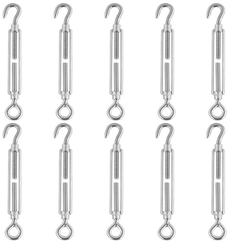 10PCS Turnbuckle Wire Tensioner M8 Heavy Duty 304 Hook & Eye Rope Cable Tension Set Adjustable Garden Wire Tensioner Kit for Clothesline Railing Decking Plants Fence - Silver