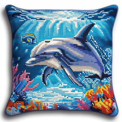 RKFLGEW Häkelset Zum Knüpfen，Delfin-Tierkissen-Set，Unterwasserlandschaft，Diy-Knüpfkissen，Dekokissen，Matte，Stick-Bastelsets Für Anfänger Mit Aufgedrucktem Muster，Heimdekoration 43x43cm