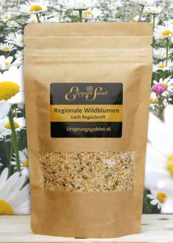 EleganSaat Regionale Wildblumen - Blumenwiese & mehrjährige Blühmischung, Regiosaatgut nach RegioZert, 100% regionale Wildblumensamen, für 10m², mit Ansaathilfe vermengt (Ursprungsgebiet 16)
