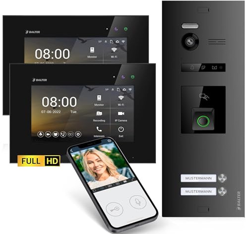 Balter EVO-HD Video Türsprechanlage mit Fingerprint, Video Türklingel, Smartphone App, 2 Familienhaus, 2X 7 Zoll Monitore, Türklingel mit Kamera Full HD, 2 Draht Bus, 175° Weitwinkel, RFID,1080P