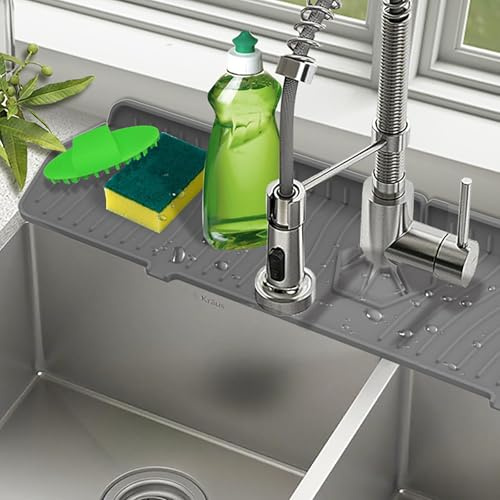BeauFairy Silicone Sink Splash Guard, 61*14.4CM, Kitchen Sink Mat, Faucet Mat Splash Catcher, Drying Mat, Handle Drip Catcher Tray, Sink Protectors Faucet Splash Guard for Kitchen Bathroom Counters