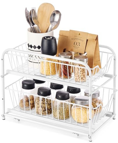 SONGMICS Organizador de cocina, Estantería de 2 Niveles Extraíbles para Armario, Organizador Apilable bajo el Fregadero con Cajones, para Cocina, Baño, Blanco Mate KCS017W01V1
