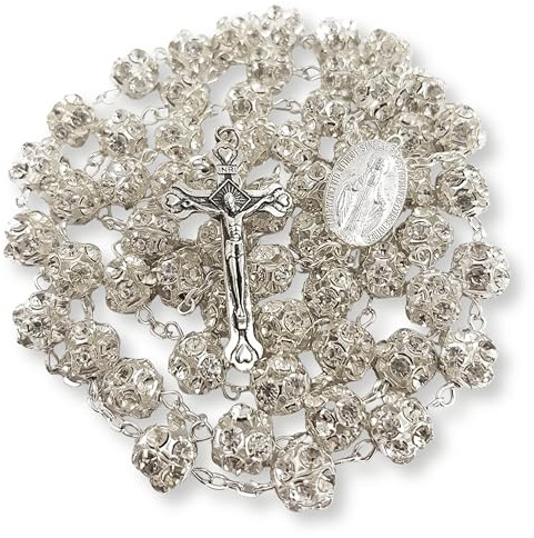 Nazareth Store Rosario con perline di cristallo e zirconi colorati, collana cattolica in argento con medaglia miracolosa croce crocifisso rosario multicolore in sacchetto di velluto, 21 Inches