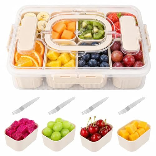 Kinberry Caja de aperitivos con 8 compartimentos, plato de aperitivos con tapa y asa, portátil y versátil caja de picnic con compartimentos, apta para lavavajillas, para dulces, frutas, golosinas