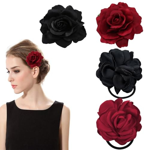 UEIOAVL Clips de pelo, Juego de 4 pinzas para el pelo con flores y bandas para el pelo con flores, elegante para niñas y mujeres para uso diario fiestas bodas en la playa (negro, burdeos)