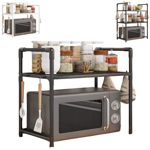 Mensola espandibile per microonde, mensola angolare per cucina, design salvaspazio a 2 ripiani, espandibile e regolabile, estetica moderna e facile da montare, per casa e ufficio (Nero, A due piani)