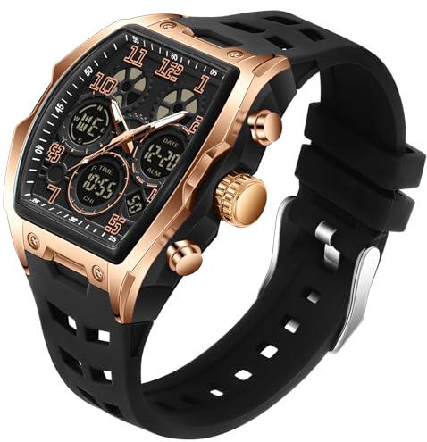 Uomo Orologi per Uomo Unico Rettangolo Orologi Militare Digitale Analogico Sport Impermeabile Orologio con Allarme, Cronometro, Conto Alla Rovescia, Suoneria Oraria, Luminoso Multifunzione (Oro)
