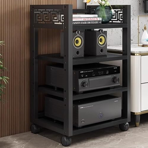 Stereo Cabinet AV Component Media Stand MultiTier Audio Rack Rolling Audio Tower FloorStanding Cabinet CD Player Stand Adjustable Corner Shelf Hifi Rack(Size:4 Tier,Color:Black)