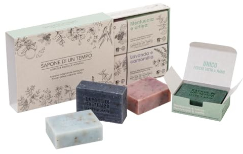 Sapone di un Tempo Cofanetto 4 Saponette Profumate Naturali, Vegan e Biologiche | Sapone Solido per Corpo e Mani, Detergente Delicato e Profumato