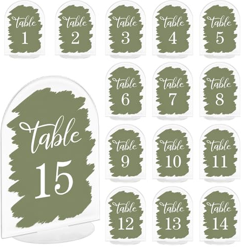 FYSUIMU 15Pcs Wedding Table Numbers 1-15 Sage Green Acrylic Table Numbers with Stands Graffiti Style Place Card Number Sign Display Marker for Wedding Reception Bridal Baby Shower Party Event Supplies