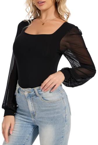 SHAPERIN Dambody, långärmad, elegant topp, lyktärmar, bodysuit, toppar, Svart kantig urringning, L