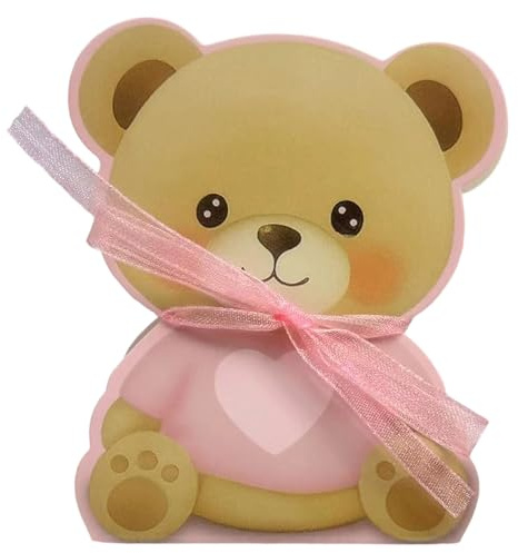 Festa Centro 50pz Scatoline Bomboniere Battesimo Bambini Portaconfetti Forma Orsetta Nascita Nastro Scatole Carta Regalo Decorazione Confetti per Festa Battesimo Nascita Compleanno (Rosa)