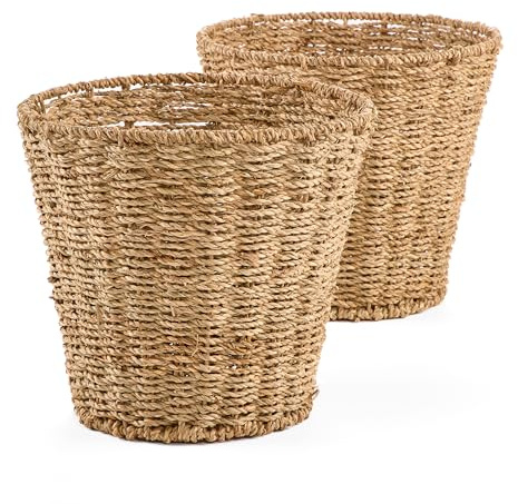 Gatarn Seagrass Waste Paper Bins Set of 2, Bedroom & Home Office | Round Wicker-Style Waste Baskets for Bathroom
