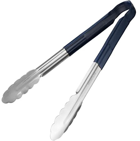 Hygiplas Stainless Steel Serving Tongs 300mm, Blue | Vinyl-coated handles provide a comfortable, heat-resistant grip, colour-coded to prevent kitchen cross-contamination.