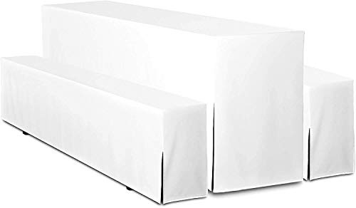TexDeko® Hussen Bierzeltgarnitur 3-teiliges Set Premium blickdicht strapazierfähig 2 Bierbankhussen 1 Biertischhusse 220x80cm für Festzeltgarnitur (Weiß)