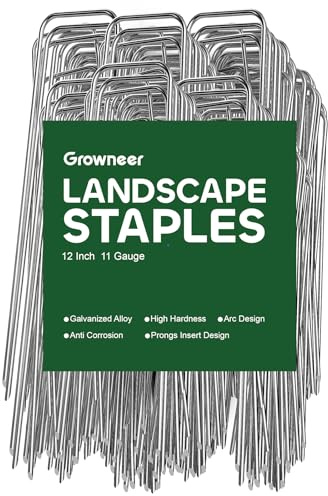 GROWNEER 100 Pack Landscape Staples 12 Inch 11 Gauge Heavy Duty Hot-Dip Galvanized Steel Garden Stakes U-Shaped Weed Barrier Spikes Metal Ground Pins for Lawn and Yard Landscaping