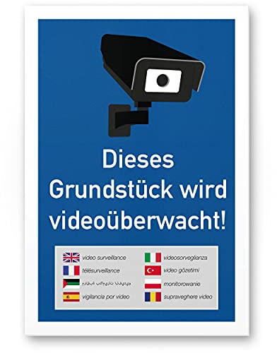 Komma Security Grundstück Videoüberwacht mehrsprachig Schild 20 x 30 cm - Achtung Vorsicht Videoüberwachung - Hinweis Hinweisschild Videoüberwacht - Warnschild Warnhinweis