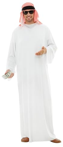 Funidelia Déguisement d’Arabe pour Homme avec tunique et foulard, Tenue de cheikh pour adulte, Déguisements de Carnaval, Halloween et Enterrements de vie de garçon – Taille S