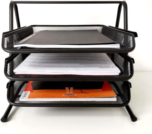 D.RECT 7610 Metall Ablagefächer Stapelbar - Büro Organizer Schreibtisch - Ablage Schreibtisch - 3 Schubfächer Briefablage Dokumentenablage A4 Organizer Mesh - Papierablage Schwarz Aktenablage