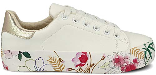 PAYMA - Zapatillas Bambas Deportivas con Plataforma de Mujer. Tenis Deporte, Casual y Caminar. Cordones y Cierre de Contacto. Interior Acolchado. Color: Blanco Flores. Talla: EU 38