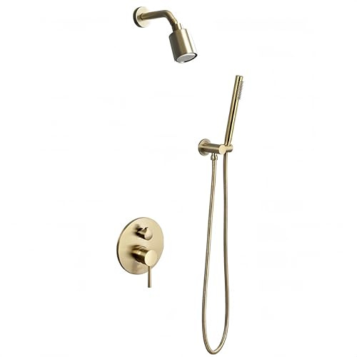Système de Douche Encastrable, Mitigeur de Douche Or Brossé Mitigeur de Robinet de Douche en Laiton Chaud et Froid Robinet Ensemble de Douche Complet avec Pomme de Douche et Tuyau de douche,D'or