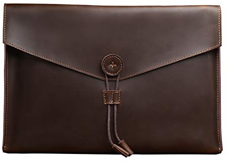 Ommda Dokumentemappe A4 zum abheften Wasserdicht Crazy Horse Leder Retro Handgemacht Mappe Organizer mit Taste,Tiefer Kaffee,34 x 24 cm