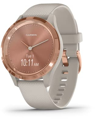 Garmin vivomove 3S Hybrid Smartwatch with Real Watch Hands and Hidden Touchscreen Display, Light Sand Silicone with Rose Gold Hardware (Renewed)