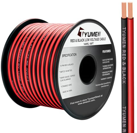 TYUMEN 100FT 14/2 Gauge Red Black Cable Hookup Electrical Wire LED Strips Extension Wire 12V/24V DC, 14AWG Flexible Extension Cord for LED Ribbon Lamp Tape Lighting