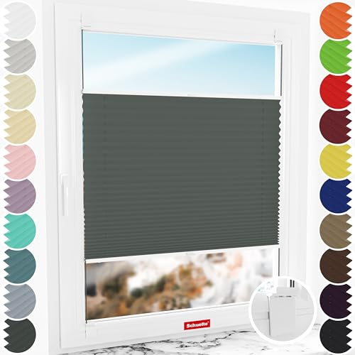Schuette® Plissee ohne Bohren zum Kleben ● Premium Kollektion: Rocky Mountain (Graphit) ● 115x150cm (Breite x Höhe) ● Suprafix Klebe- & Schraubhalter 2in1 Set Letsbond ● Bequeme Rollo