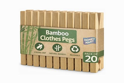 Bamboo Clothes Pegs - Pack of 20 – Heavy Duty 7-Ring Spring Wooden Laundry Pegs for Washing Line, Sustainable Giant Bamboo Clips for Arts, Crafts, and Photo Hanging