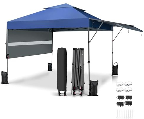 GOPLUS 300 x 300cm Pop-Up Überdachungszelt, 3-stufig höhenverstellbar, mit Rollen, Verlängerte Vordach & Aufbewahrungstasche, Wasserdichter Faltpavillon für Picknick Gartenparty Hochzeit (Blau)