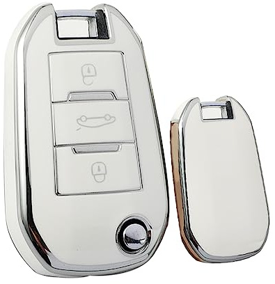 KUNIO Klapp Schlüsselhülle Passt für Peugeot 3008 2008 4008 208 308 408 508 RCZ Passt für Citroen C4L Cactus C5 C3 C6 C8 Picasso Schutzhülle TPU Autoschlüssel Hülle Schlüsseletui 3 Tasten Weiß