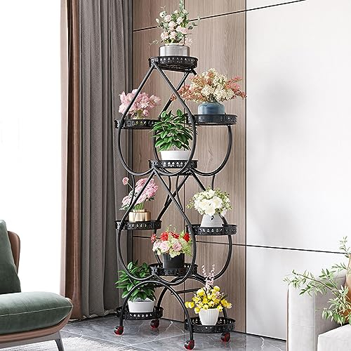 DECORN Pflanzenständer aus Metall 9 Töpfen für Den Innen- und Außenbereich mit Rollen - Mehrzweck-Regal für Gebogene Pflanzen, für Terrasse, Balkon, Hof, Garten, Heimdekoration,Black