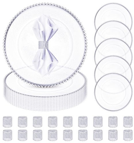 Hoemwarm 18 Pcs Clear Charger Plates with 18 Pcs Napkin Rings,13 Plastic Round Charger Plate with Silver Beaded Rim Dinner Decoration Charger Tableware Dish for Wedding Christmas Party